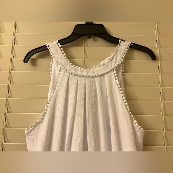 Francesca’s Women’s Small White Tie-Neck Halter Romper Blue Rain Pom Pom Trim - Picture 4 of 14